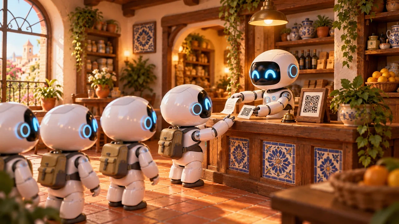Un robot en un mostrador entrega un recibo con un código QR a una fila de robots clientes.