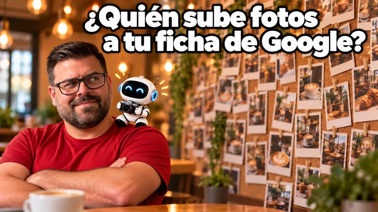 Alejandro con gesto desconfiado y brazos cruzados, con un robot blanco con cámara en el hombro, ante una pared de fotos instantáneas, bajo el titular ¿Quién sube fotos a tu ficha de Google?