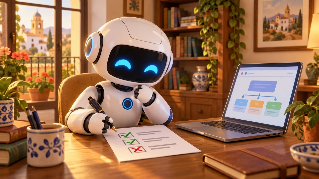 Un robot marca con un bolígrafo una lista de tres puntos con dos tics verdes y una cruz roja junto a un portátil.