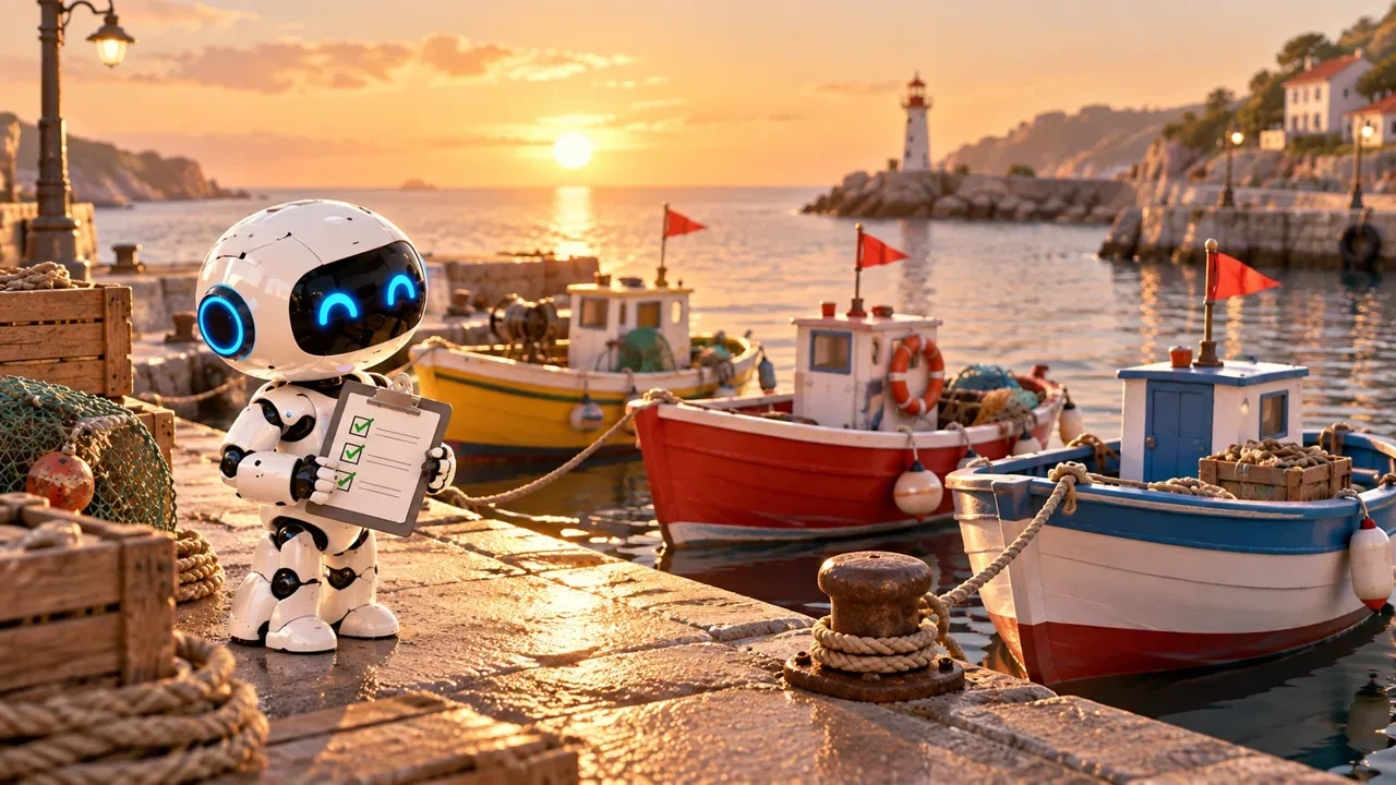 Un robot blanco con un portapapeles de marcas verdes en un muelle pesquero, junto a tres barquitas que llevan una banderita roja con chincheta, al atardecer.