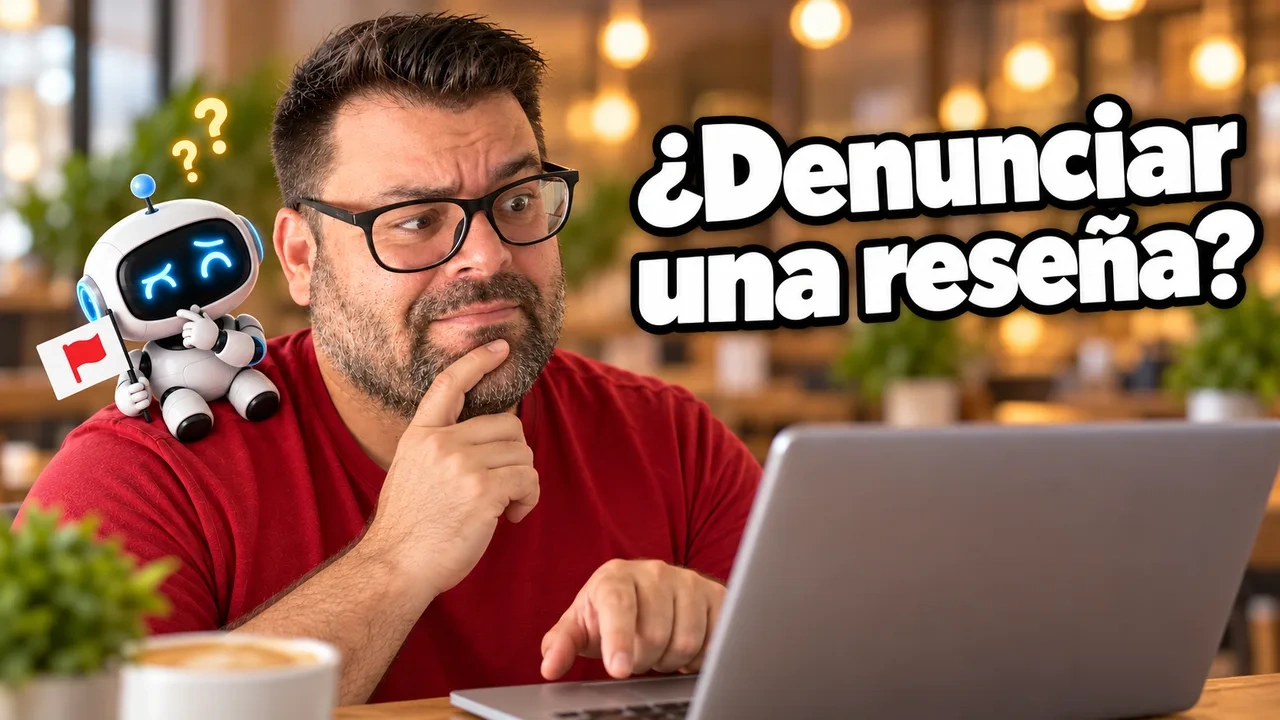 Alejandro con gesto pensativo ante un portátil y un robot blanco con una bandera pequeña, bajo el titular ¿Denunciar una reseña?