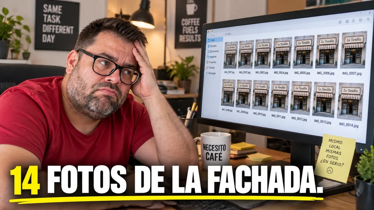 Alejandro con la mano en la frente y gesto de cansancio frente a un monitor con catorce fotos casi idénticas de la misma fachada, bajo el texto "14 fotos de la fachada"