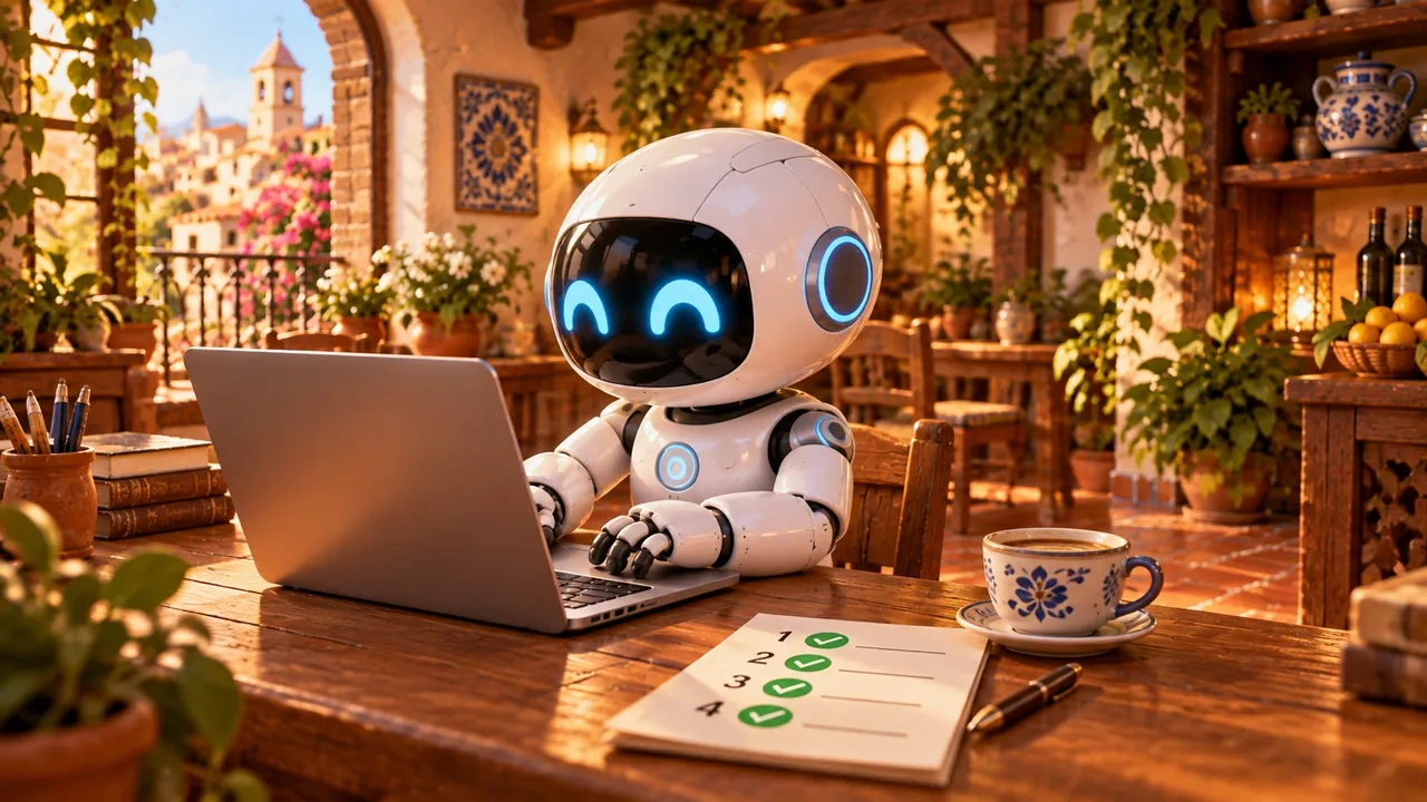 Un robot escribe una respuesta en un portátil, junto a una lista con cuatro tics verdes numerados.
