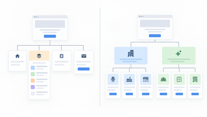 Comparación visual entre una web organizada por secciones generales y una arquitectura SEO estructurada según diferentes intenciones de búsqueda.