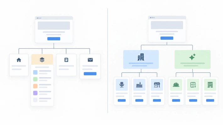Comparación visual entre una web organizada por secciones generales y una arquitectura SEO estructurada según diferentes intenciones de búsqueda.