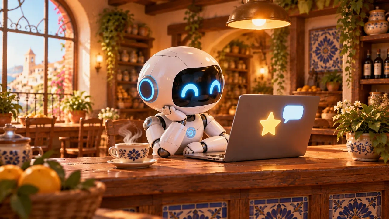 Un robot sereno ante un portátil que muestra una estrella dorada y un globo de diálogo.