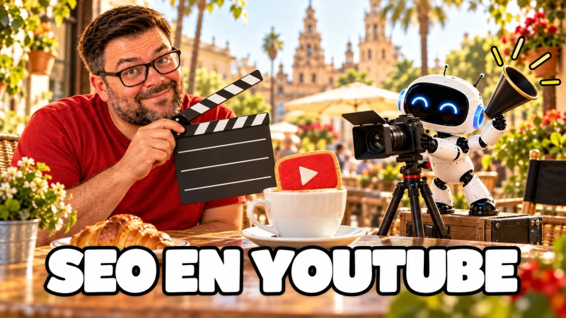 Alejandro con camiseta roja y claqueta junto a un robot que filma un café. Titular: SEO en YouTube.