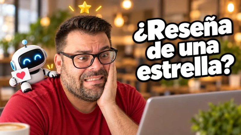 Alejandro con gesto de dolor y una estrella dorada sobre la cabeza, con un robot blanco que le ofrece una tarjeta con un corazón, bajo el titular ¿Reseña de una estrella?