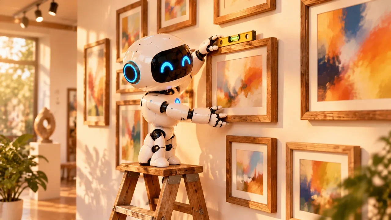 Un robot blanco sube a una escalera y cuelga un marco en una pared de galería llena de cuadros de colores, comprobando que quede recto con un nivel.
