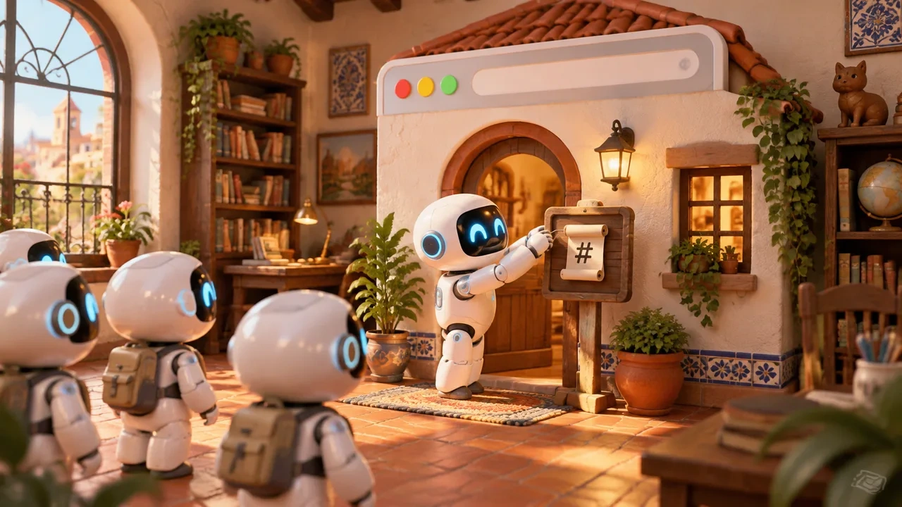 Un robot cuelga un rollo de papel con una almohadilla en la entrada de una casa con forma de ventana de navegador mientras otros robots esperan.