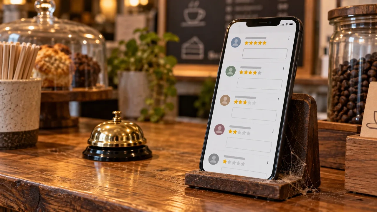 Móvil apoyado en un mostrador de cafetería con una lista de reseñas de clientes con estrellas y todas las cajas de respuesta vacías, con telarañas en el soporte