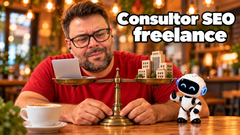 Alejandro sostiene con las dos manos una balanza de platos con un portátil en un lado y edificios de cartón en el otro, junto a un robot blanco con el pulgar arriba, bajo el titular Consultor SEO freelance