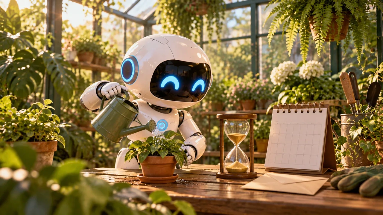Un robot riega una planta en un invernadero junto a un reloj de arena, un calendario en blanco y un sobre.
