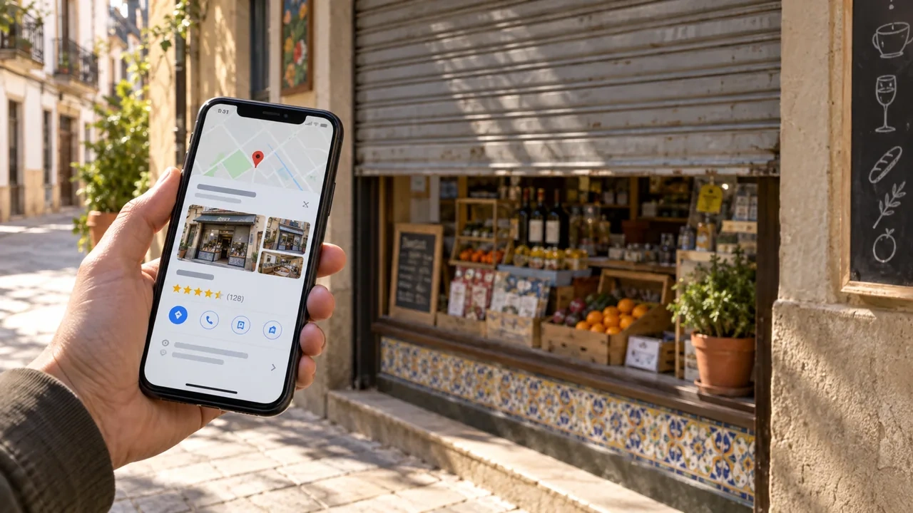 Mano sosteniendo un móvil con la ficha de un negocio en Google Maps, con fotos y valoración, delante del escaparate real de una tienda con la persiana a medio bajar