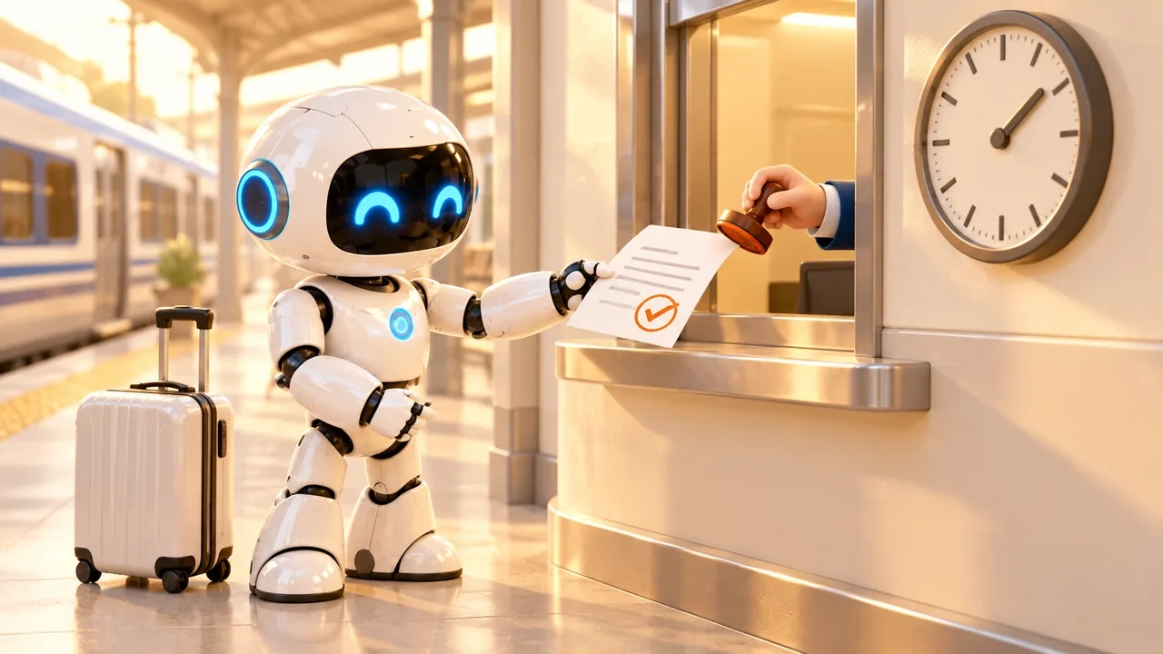 Un robot blanco entrega en una ventanilla de estación un formulario sellado con un visto bueno.