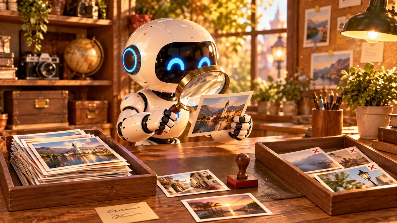 Un robot examina una foto con una lupa sobre una mesa de selección, con una bandeja de fotos buenas y otra con fotos marcadas con una cruz roja.