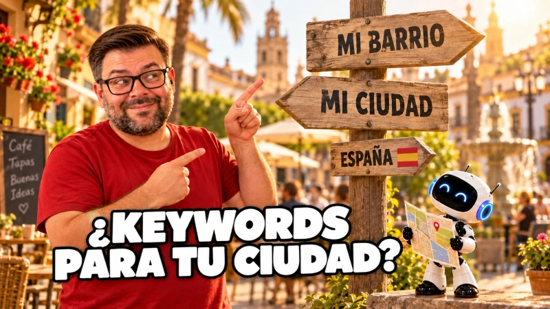 Alejandro Castillo señala un poste de direcciones con flechas a Mi barrio, Mi ciudad y España, junto a un robot que consulta un mapa.
