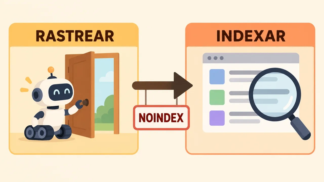 Diagrama de dos pasos: rastrear, con un robot abriendo una puerta, e indexar, con una lupa sobre resultados, unidos por una flecha con el cartel NOINDEX