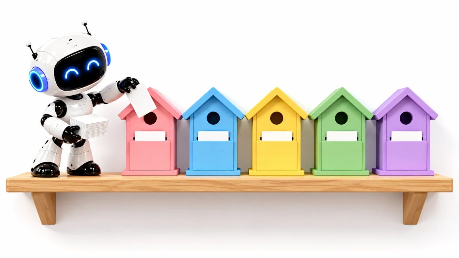 Ilustración de un robot colocando una tarjeta en cada casita de colores.