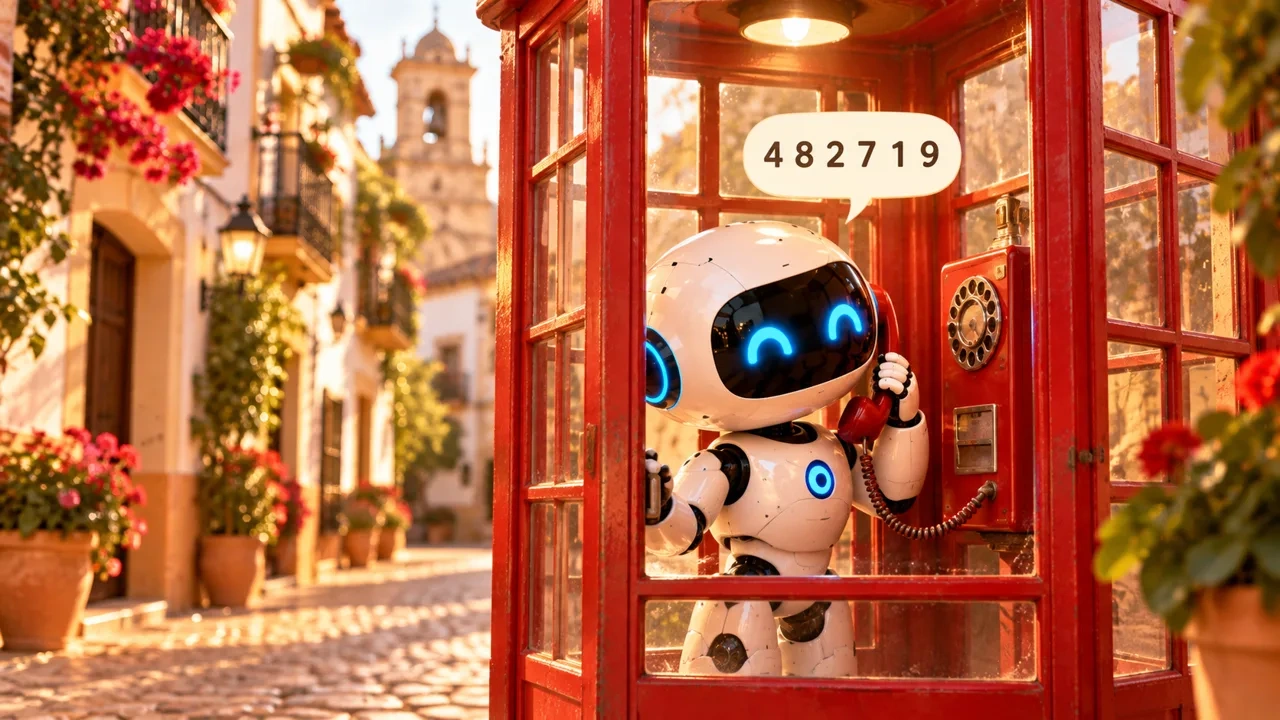 Un robot blanco coge un teléfono rojo antiguo dentro de una cabina de calle en un pueblo mediterráneo, con un globo que muestra un código de seis cifras.