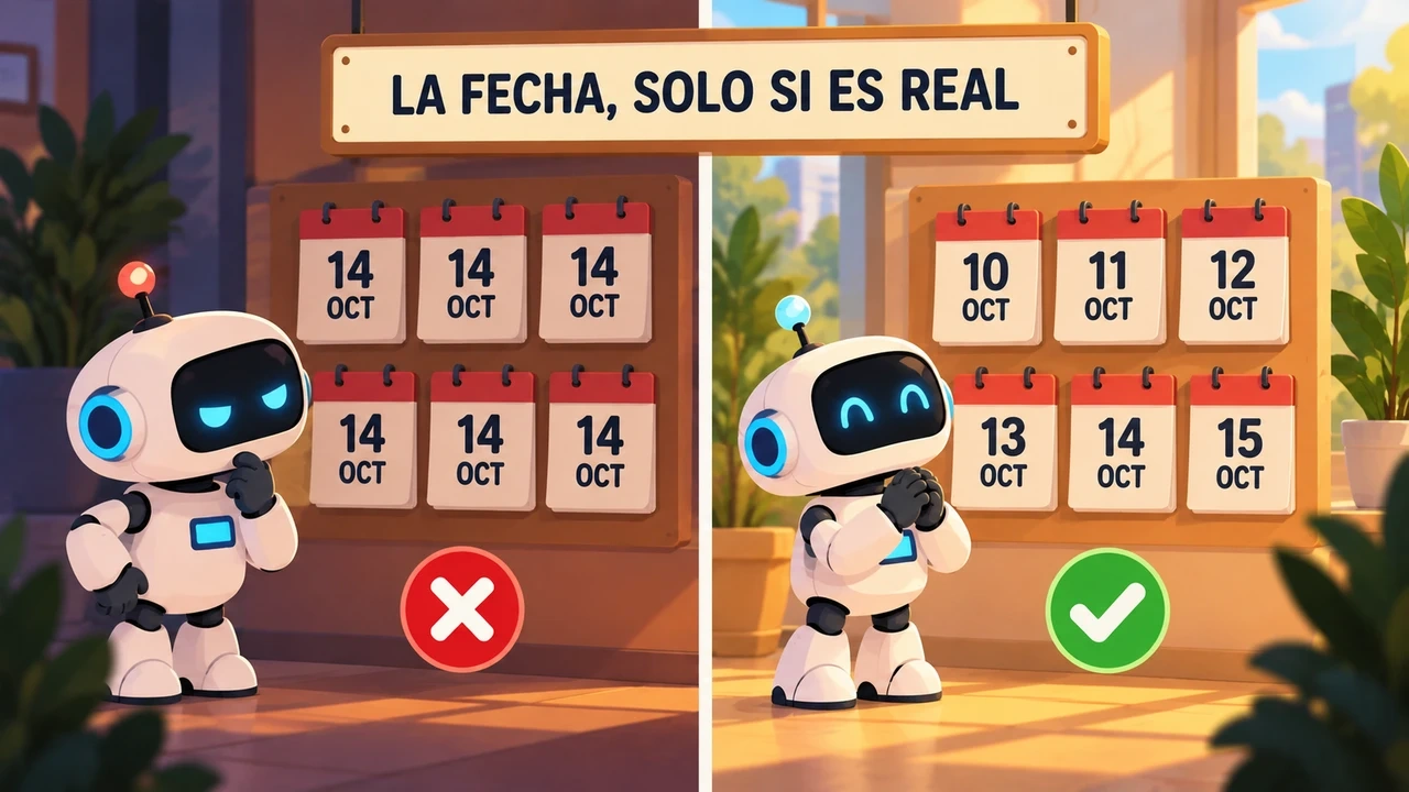 Dos paneles de calendarios: a la izquierda todos con la misma fecha 14 OCT y una cruz roja, a la derecha con fechas distintas y una marca verde