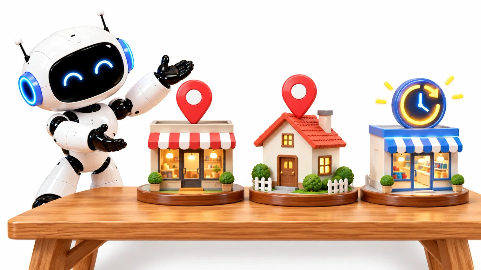 Ilustración de un robot presentando tres miniaturas: una tienda con pin, una casa de barrio con pin y un comercio 24 horas.