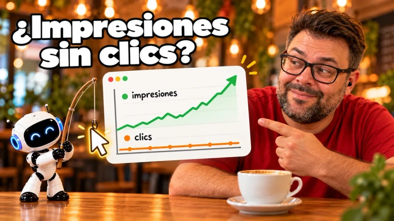 Alejandro con camiseta roja señalando un panel donde las impresiones suben y los clics se quedan planos, con un robot pescando un cursor con una caña