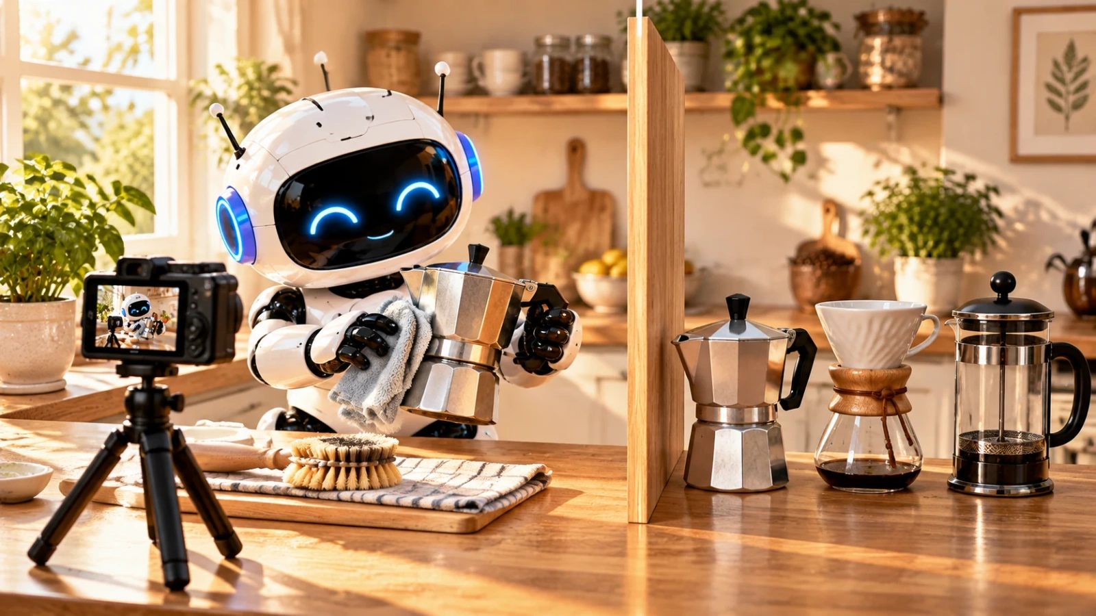 Robot limpia una cafetera ante una cámara, separado de una comparación de modelos.