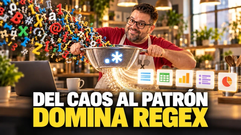 Ilustración de Alejandro como cocinero filtrando el caos de datos con Regex. Del caos al patrón, domina Regex.