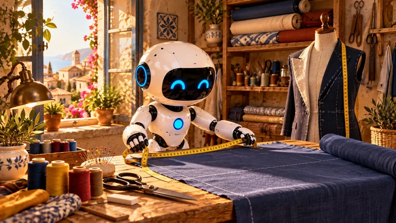 Robot blanco con una cinta métrica sobre una tela azul en un taller de sastrería, con tijeras, hilos y un maniquí al fondo