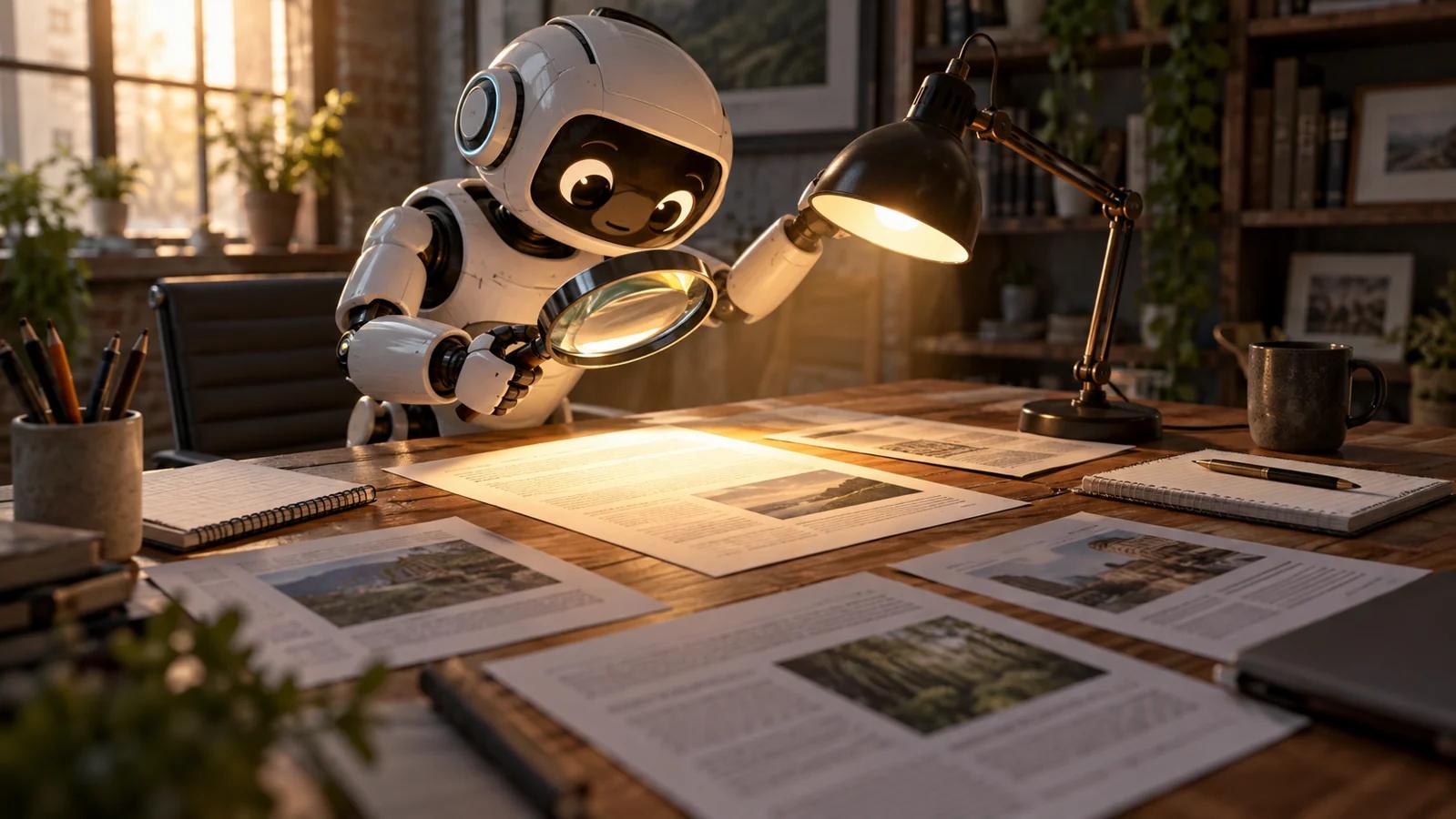 Ilustración de un robot con una lupa que examina una página iluminada entre varias fuentes sobre una mesa