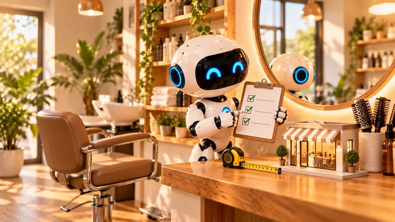 Un robot blanco con un portapapeles de marcas verdes y una cinta métrica revisa una pequeña maqueta de tienda sobre el mostrador de una peluquería luminosa.