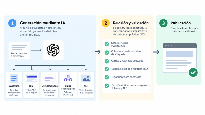 Proceso de generación, revisión y publicación de contenido creado con inteligencia artificial.