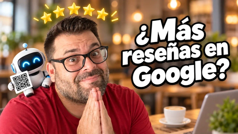 Alejandro con gesto de súplica y cinco estrellas sobre la cabeza, con un robot blanco que sostiene un código QR, bajo el titular ¿Más reseñas en Google?