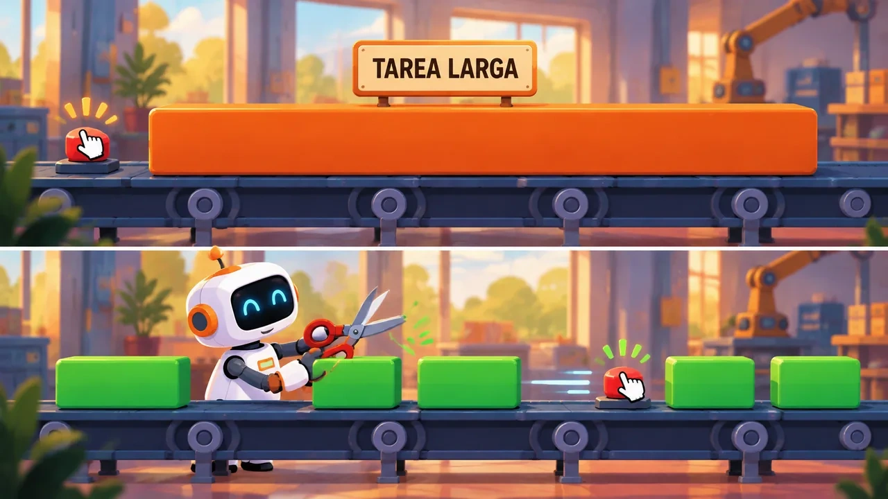 Una cinta transportadora con una barra naranja larga rotulada TAREA LARGA que bloquea un botón y, debajo, un robot con tijeras que la corta en bloques verdes cortos por los que el botón pasa