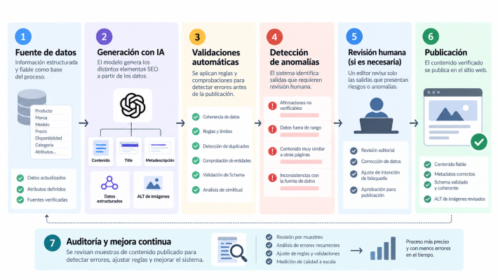 Flujo profesional para generar contenido mediante inteligencia artificial con controles automáticos y supervisión humana.