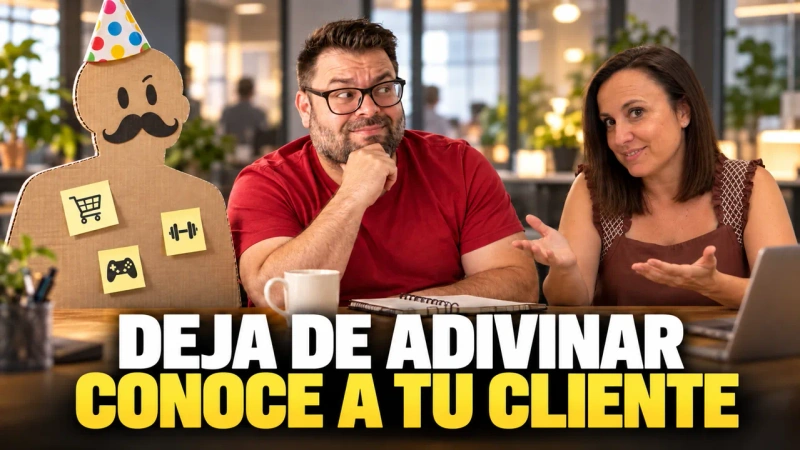 Ilustración de Alejandro y Cris junto a un cliente de cartón para explicar el buyer persona. Deja de adivinar, conoce a tu cliente.