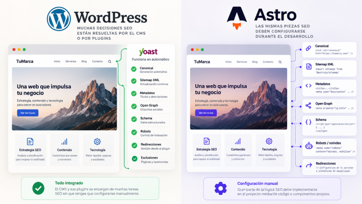 Comparación entre la gestión automática del SEO técnico en WordPress y la configuración manual en Astro.