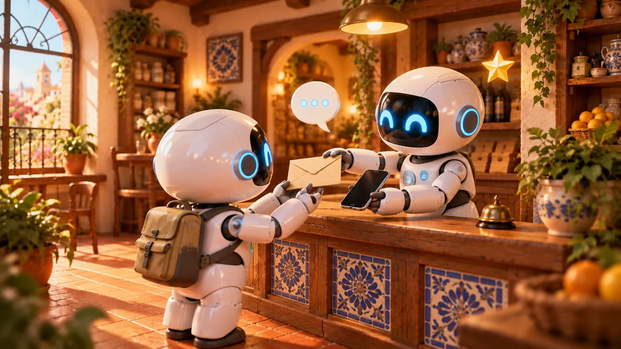 Un robot tras el mostrador entrega un sobre y un teléfono a un robot cliente, con un globo de diálogo.