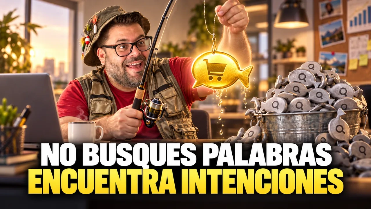 Ilustración de Alejandro pescando una intención de compra entre búsquedas. No busques palabras, encuentra intenciones.