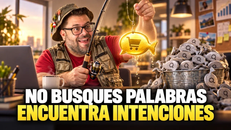 Ilustración de Alejandro pescando una intención de compra entre búsquedas. No busques palabras, encuentra intenciones.