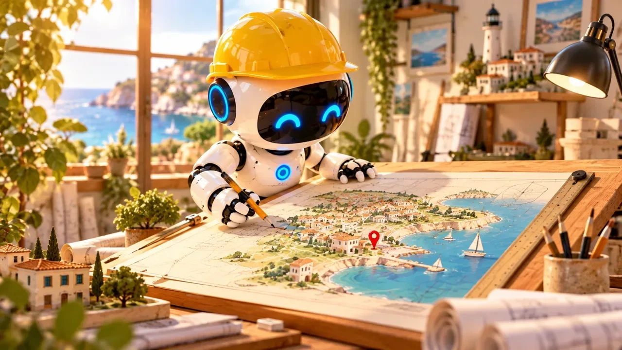 Un robot blanco con casco amarillo revisa en una mesa de dibujo el plano de una costa con casitas, veleros y una chincheta roja.