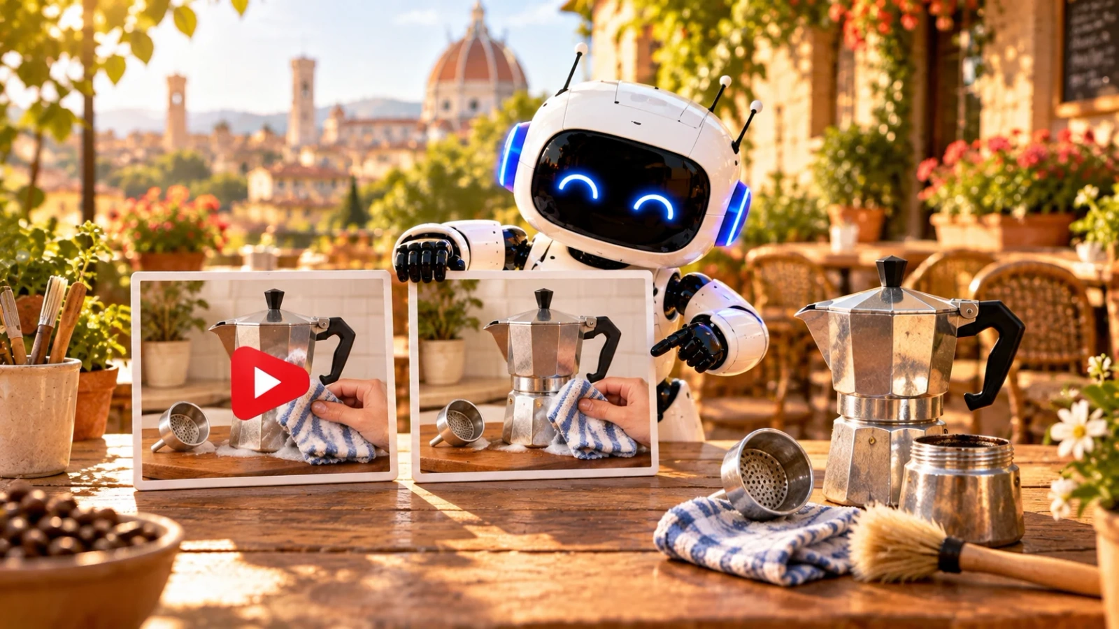 Robot compara dos tarjetas de vídeo con la cafetera y los útiles reales.