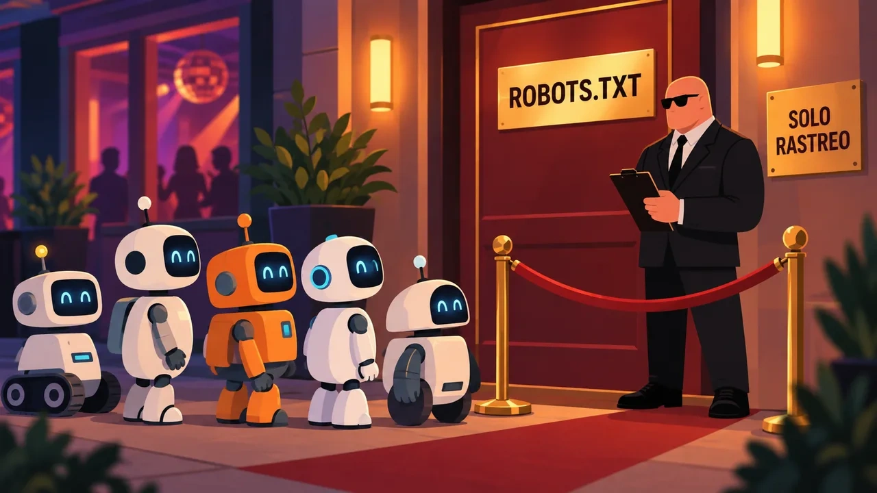 Un portero con clipboard ante una puerta con el cartel ROBOTS.TXT y una cola de robots esperando