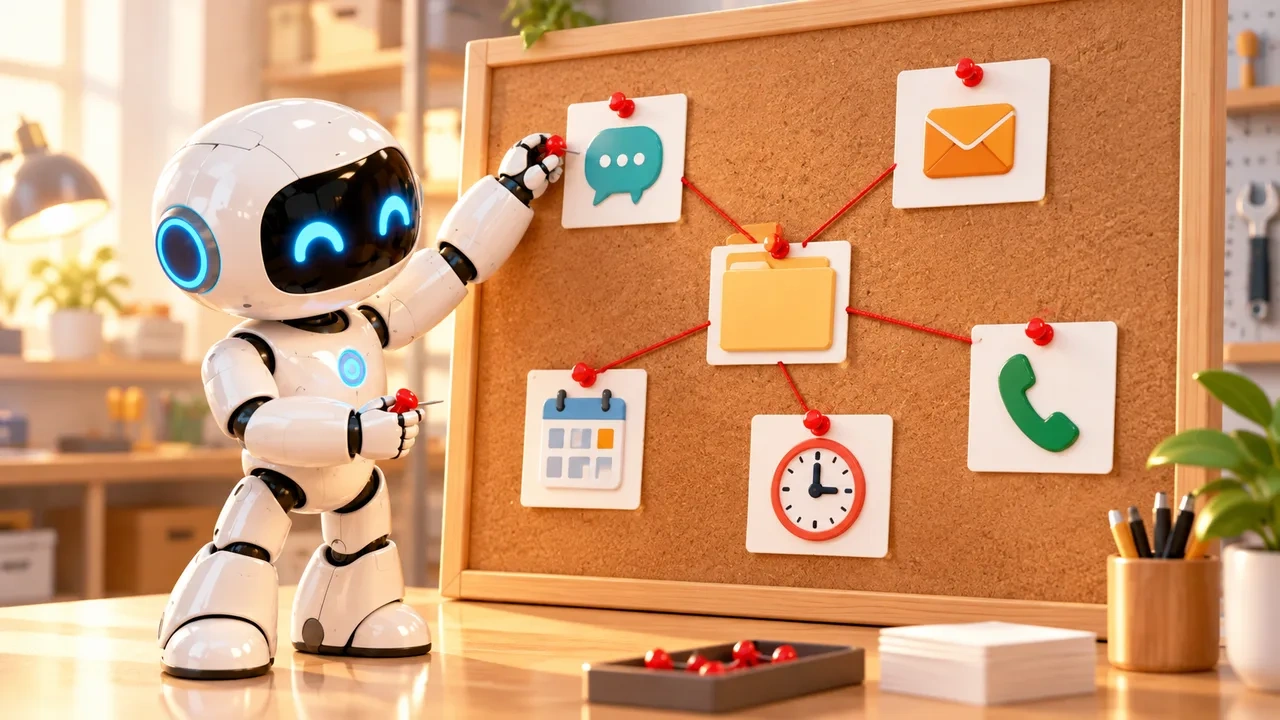 Un robot blanco coloca en un corcho, unidas con hilo rojo, tarjetas de chat, correo, calendario, reloj y teléfono.