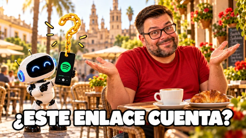Alejandro en una terraza se encoge de hombros ante un robot que muestra un movil con Spotify del que sale una cadena en forma de interrogante. Titular: ¿Este enlace cuenta?