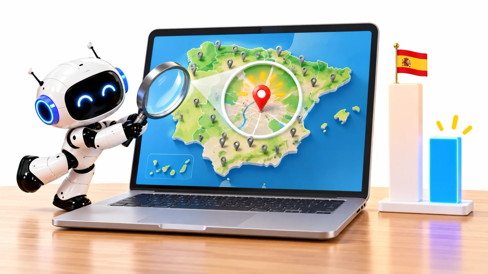 Ilustración de un robot midiendo con una lupa la demanda de una ciudad sobre el mapa de España.