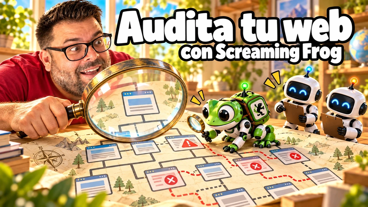Alejandro con gesto de sorpresa y una taza de café ante un portátil que muestra el mapa de una web con avisos rojos, junto a un robot rana verde y dos robots con carpetas, bajo el titular Audita tu web con Screaming Frog