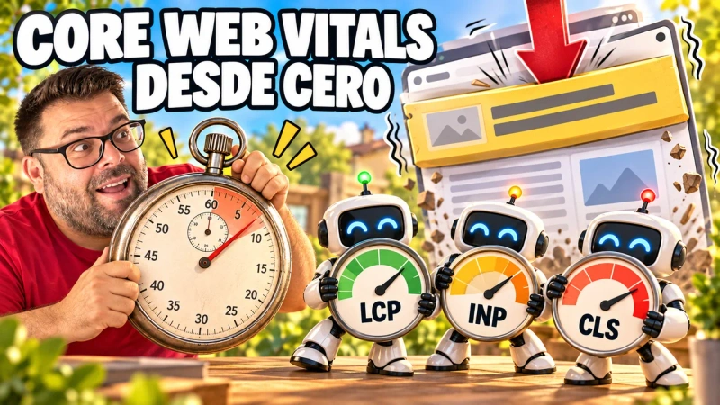 Alejandro con un cronómetro enorme y cara de susto junto a tres robots que sostienen medidores con las letras LCP, INP y CLS, bajo el titular Core Web Vitals desde cero