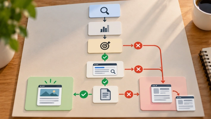 Árbol de decisión para determinar si una intención de búsqueda necesita una URL propia dentro de la arquitectura SEO de una web.